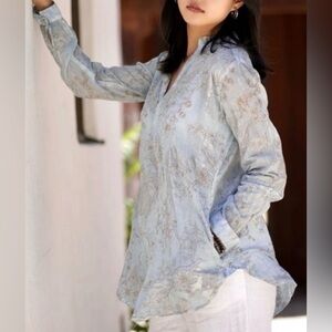 Dolma tunic top with pockets Anoushka foil printed blue silver floral medium